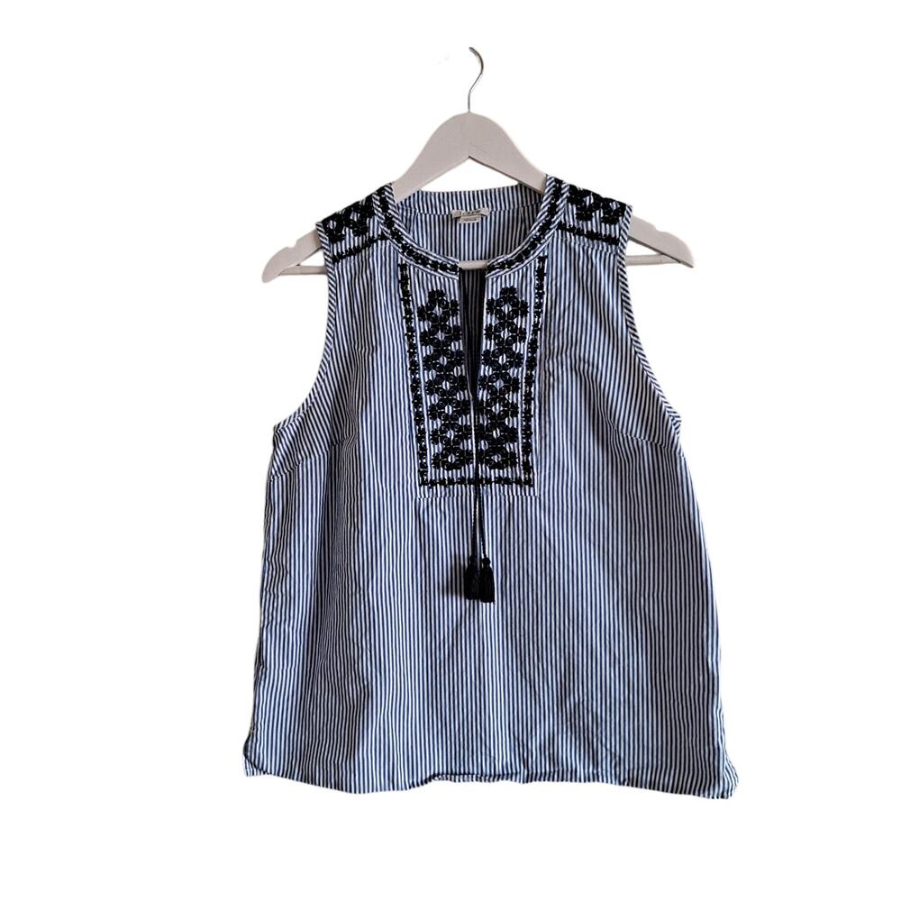 J. Crew Blue White Stripe SleevelessEmbroidered Neckline w Tassle Top - Size 6